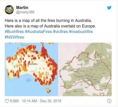  推特网友转发MyFireWatch网站发布的火势地图。/推特