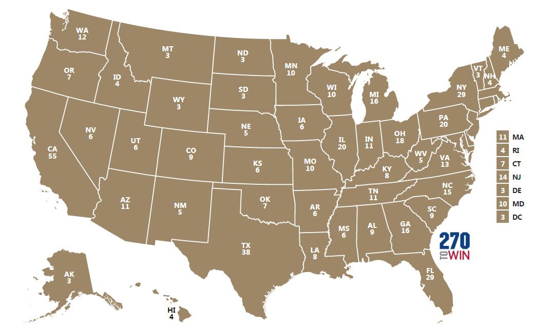 2020年美国50个州和华盛顿特区的选举人人数分布。 270towin.com 图