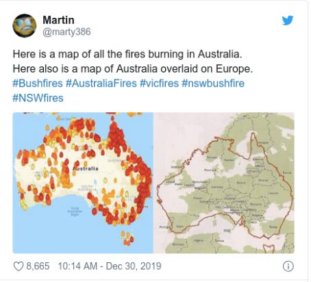 ▲ 推特网友转发MyFireWatch网站发布的火势地图。图/推特