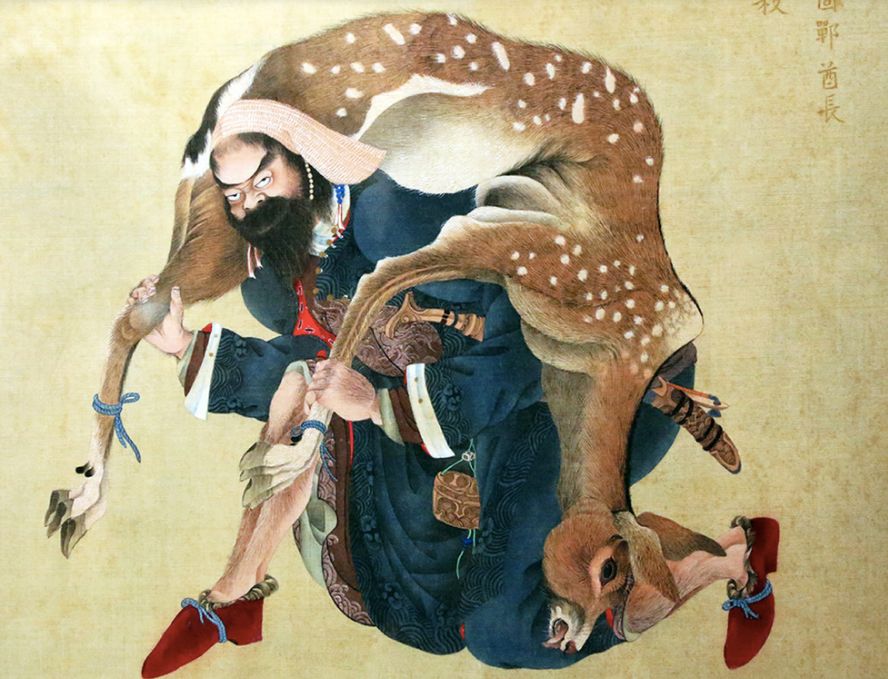  江户时代画家蠣崎波響所作《夷酋列像》的一幅，图中所绘为阿伊努人的首领。/维基百科