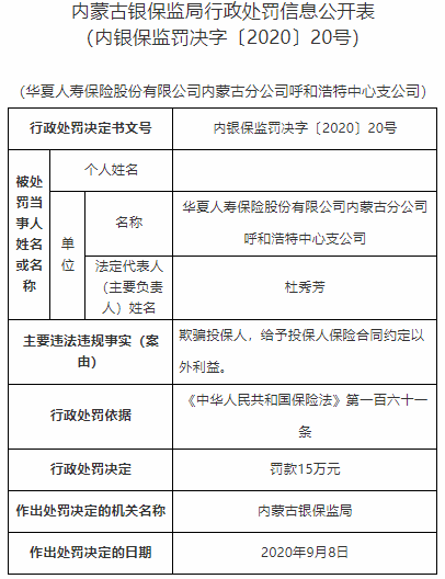华夏人寿呼和浩特支公司两宗违法遭罚 欺骗投保人