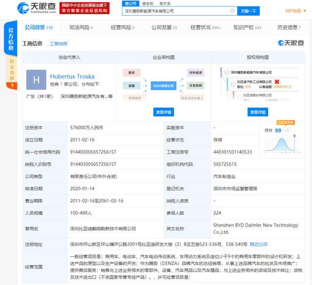 腾势新能源汽车注册资本新增7亿 比亚迪、戴姆勒为两大股东