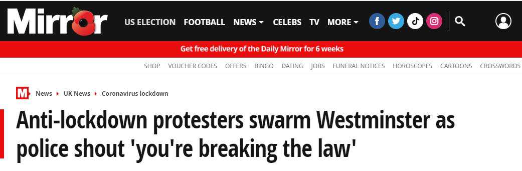 英国二次“封锁”开始当晚 伦敦反封锁示威者上街抗议