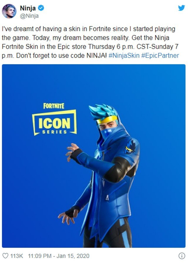 网红主播ninja获堡垒之夜真人定制皮肤殊荣