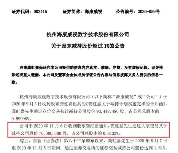 海康威视刚创10年历史新高 大股东立马减持33亿元