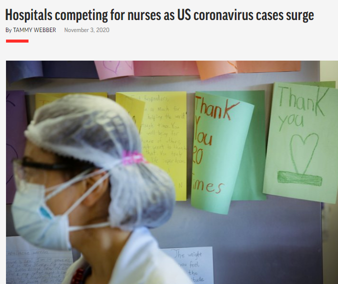 随着美国新冠肺炎病例激增，医院争相招聘护士。图片来源：美联社报道