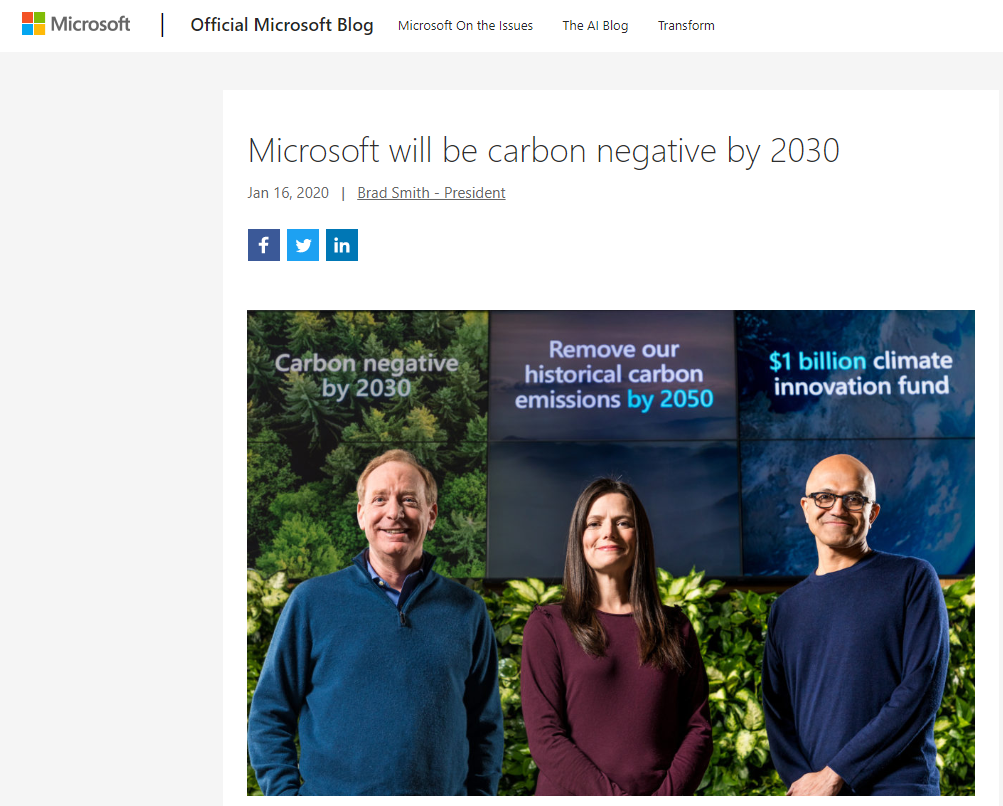 微软宣布在2030年实现碳负排放 并给出具体实施步骤