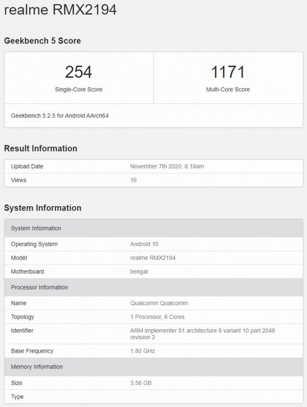 realme新机现身GeekBench平台 可能是即将在海外亮相的realme入门机型