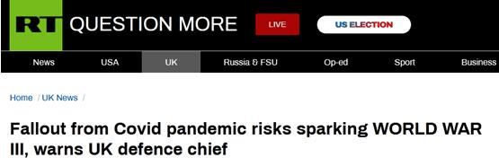 英国国防参谋长：新冠疫情可能引发第三次世界大战