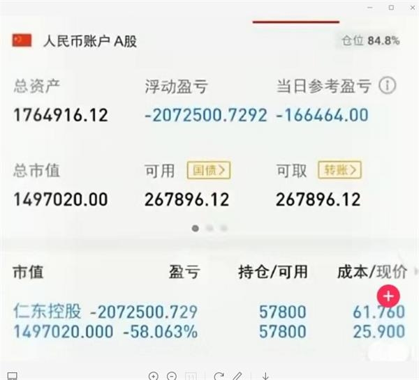 也有网友晒出自己的账户,因重仓仁东控股,账户亏损额已经超过了目前的