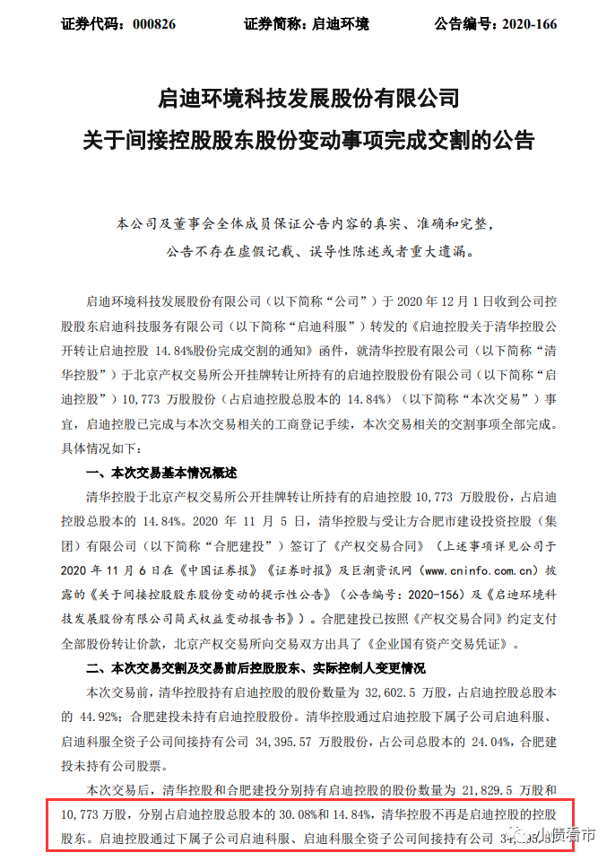 1000亿负债“启迪控股”完成交割 清华控股不再是控股股东