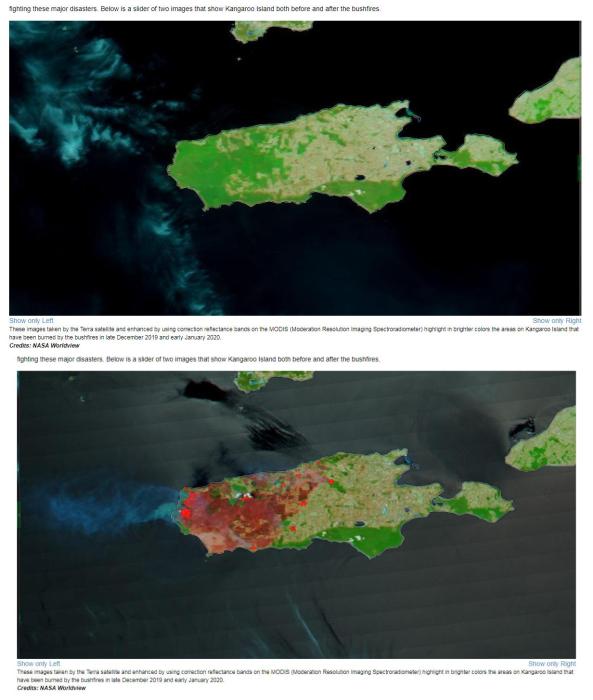 根據 NASA近日拍攝到的最新衛星圖像，袋鼠島已經有三分之一的土地被燒。（圖片來源：NASA官網截圖）