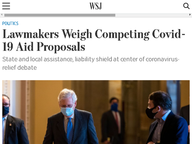 △《华尔街日报》称，针对各州和地方的援助，以及针对企业的法律免责保护，成为纾困谈判的博弈焦点