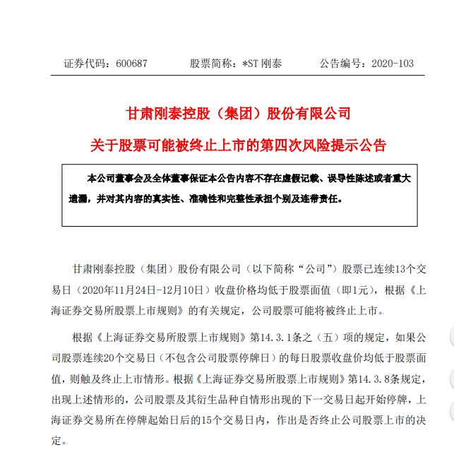 *ST刚泰连续13个交易日收盘价低于1元 2.6万股东能否出逃？