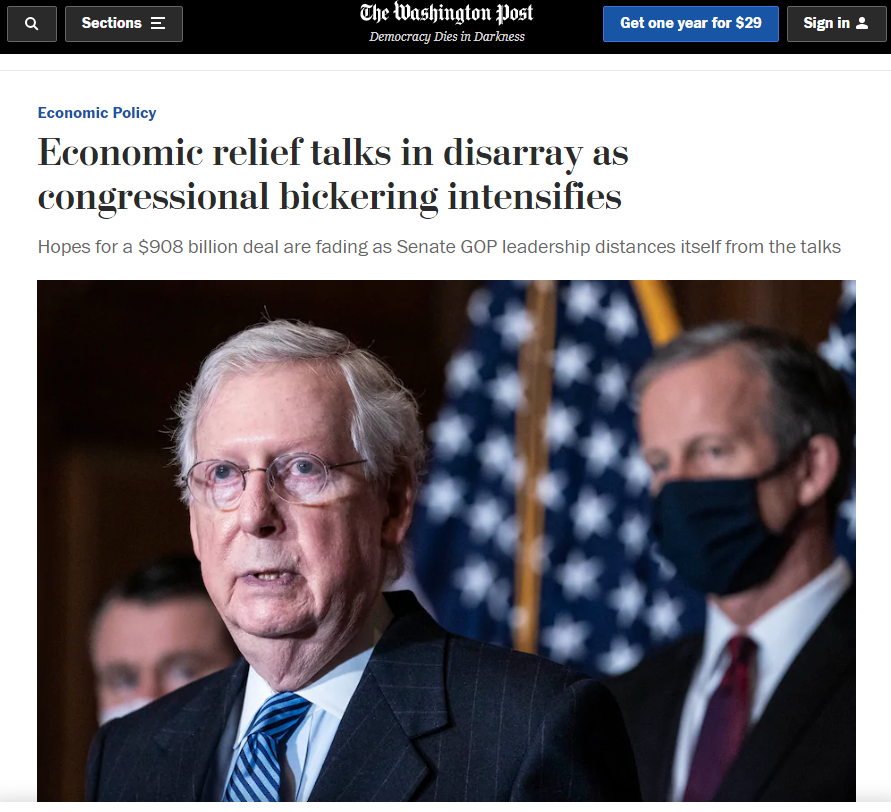 △《华盛顿邮报》报道，国会争吵加剧，纾困法案前途未卜