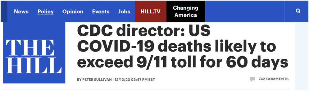 美疾控中心主任：美国每日新冠死亡人数或超“911”或珍珠港事件