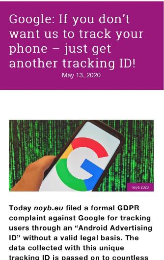 ▲图为NOYB组织向欧盟相关部门举报谷歌在安卓系统上通过广告ID违规追踪和盗取用户数据。