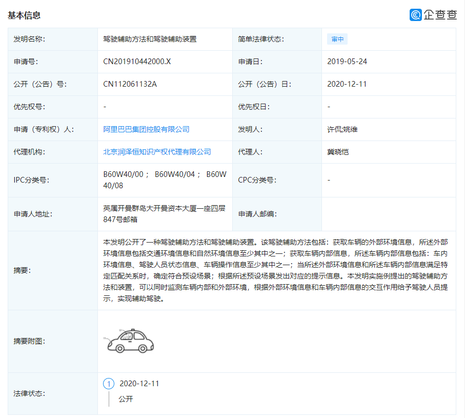 阿里巴巴关联公司申请“驾驶辅助方法和驾驶辅助装置”专利