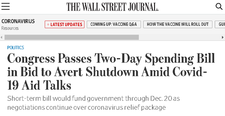 △《华尔街日报》称，美国国会12月18日晚间通过了一项为期两天的支出法案，以避免午夜后政府关门
