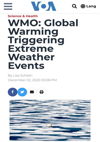 △《美国之音》报道，世界气象组织表示，气候变暖是导致极端天气频发的主要原因