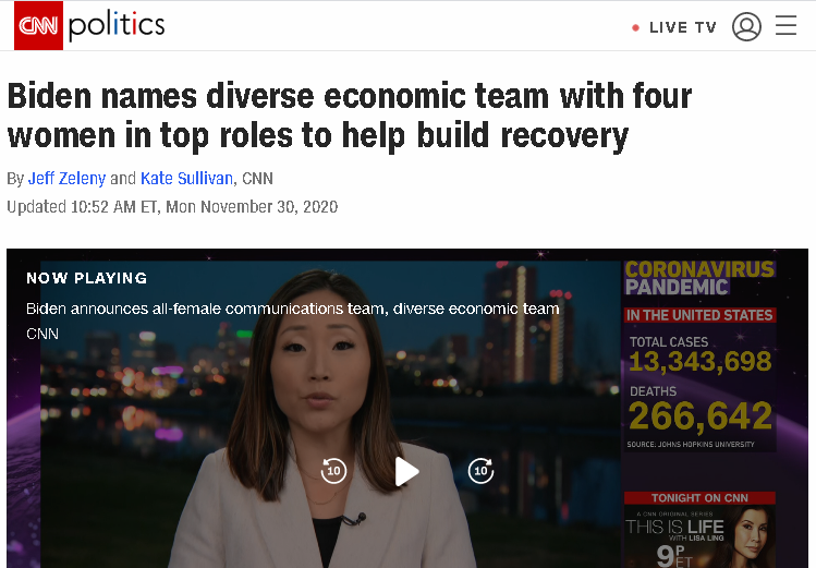 △CNN称，拜登提名多元化的经济团队，由四名女性担任高级职务，以帮助经济复苏