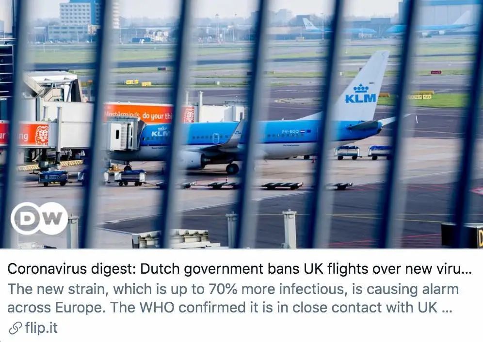 因发现变异新冠病毒，荷兰政府禁止英国航班飞抵 德国之声报道截图