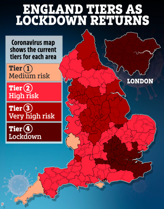 ↑英国防疫等级示意图，颜色深最深区域为4级封锁区域，以伦敦和周边城市为主