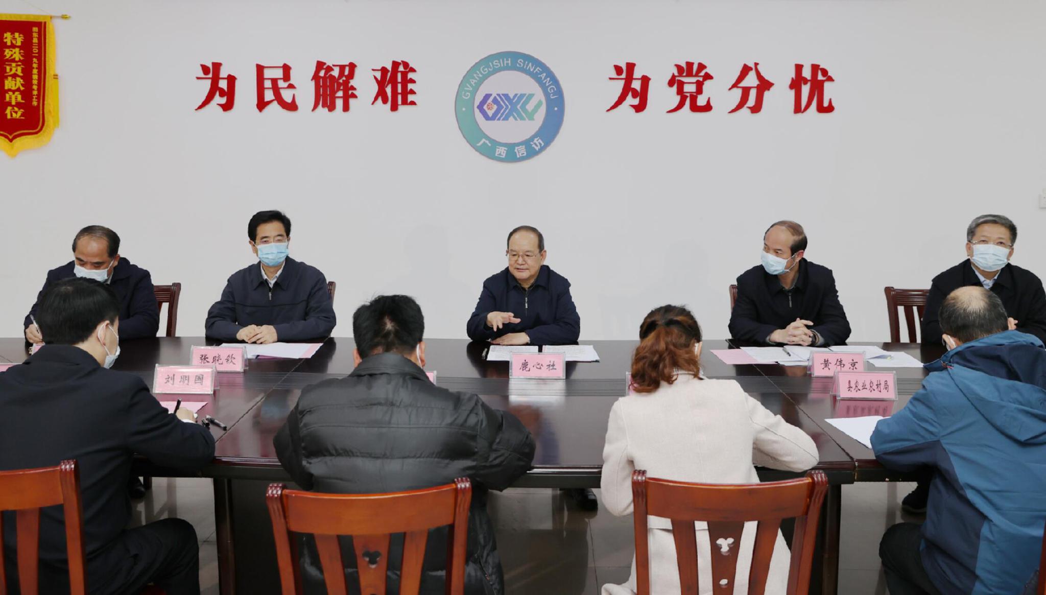 黄克/摄鹿心社还来到田东县委县政府信访局接访群众,现场协调解决村屯