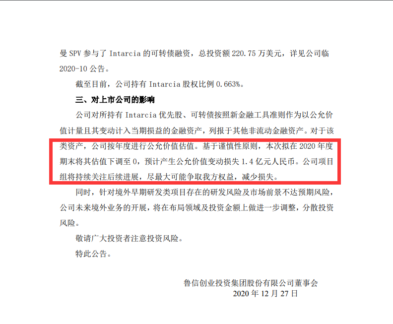 鲁信创投参股项目损失1.4亿  3.8万股东炸了：“明天可能跌停”
