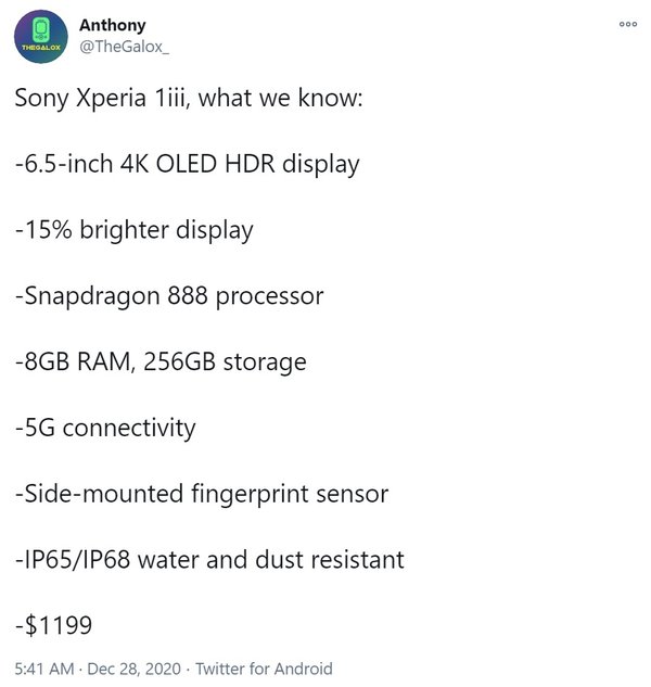 新机Xperia 1 III或将搭载骁龙888，售价预计为1199美元