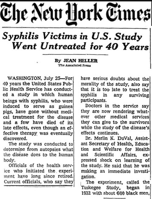《纽约时报》有关“塔斯基吉梅毒实验”的报道截图