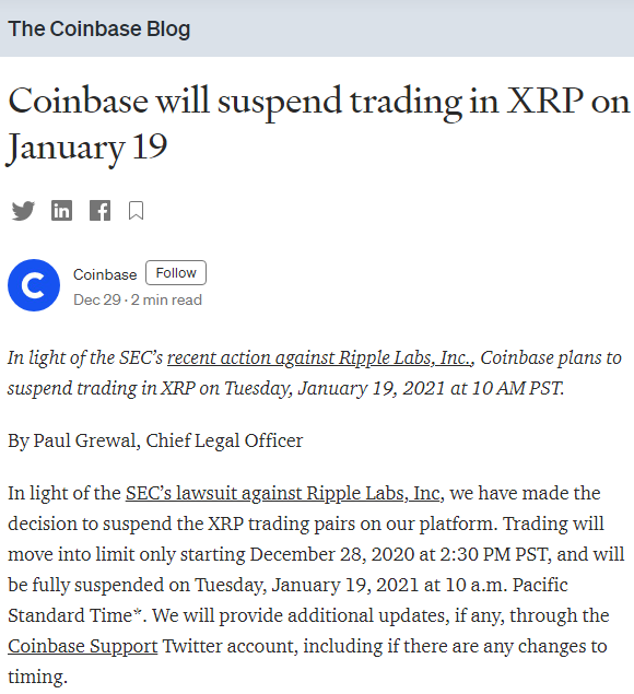 Coinbase将于2021年1月19日停止为瑞波币提供服务