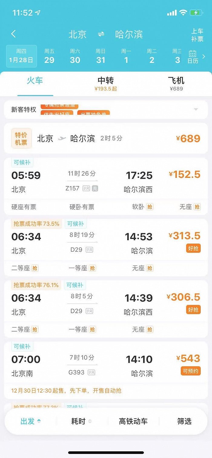 春运车票开售：北京出发多条线路仍有余票