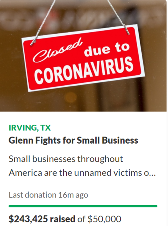 △“GoFundMe”网站上，有人众筹5万美元帮助受疫情影响的小企业