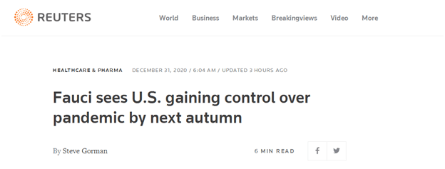 福奇：美国将于明年秋季控制住新冠疫情