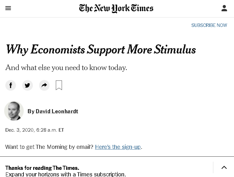 △《纽约时报》称，绝大多数经济学家敦促通过新一轮纾困计划，该报还梳理了一系列即将到期的纾困条款