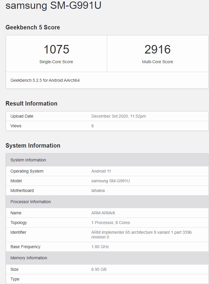三星Galaxy S21搭载骁龙888芯片，运行安卓11现身GeekBench