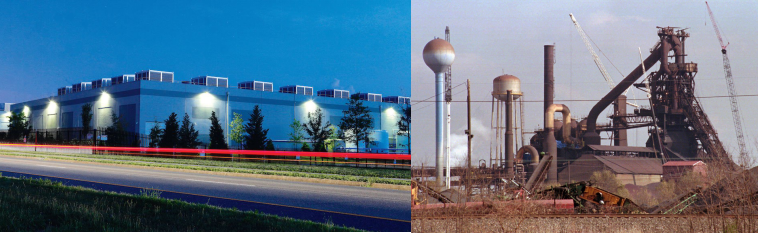 劳登县先进的数据中心（左）和“锈带”衰败的工厂（右）似乎是对“红蓝美国”最好的注解