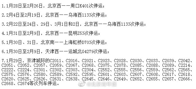 注意明日1月29日59趟京津城际列车停运