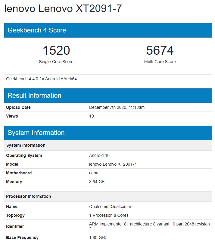 联想（乐檬） K12 Pro现身Geekbench：搭载骁龙662