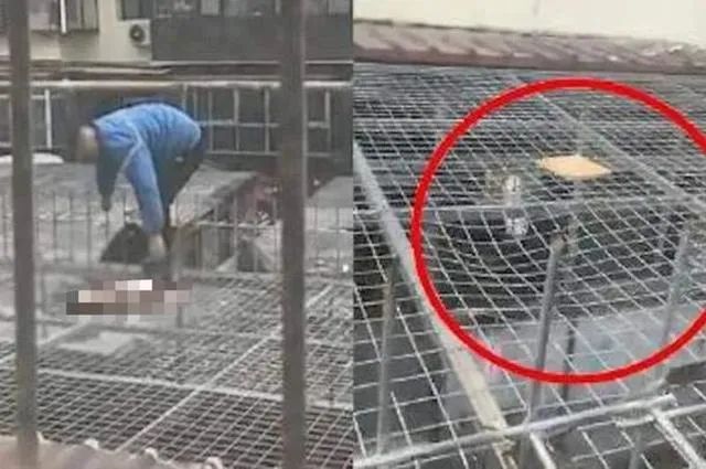 女婴坠落现场，防护网被砸出凹陷