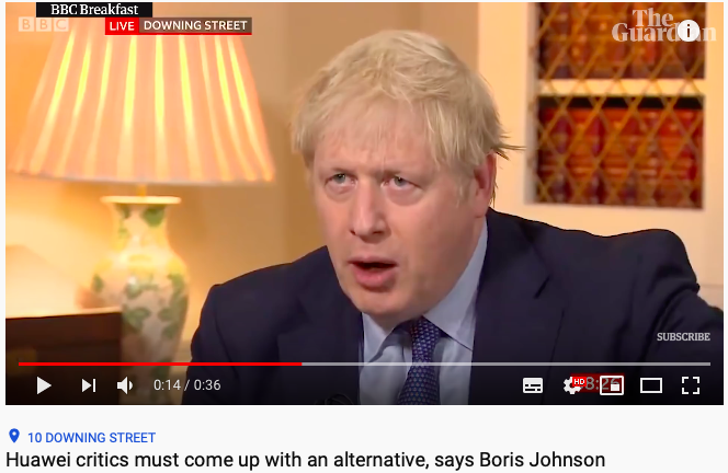 △英国首相约翰逊1月14日接受BBC采访称,抵制华为的人请提供替代方案。 图片来源:BBC/《卫报》