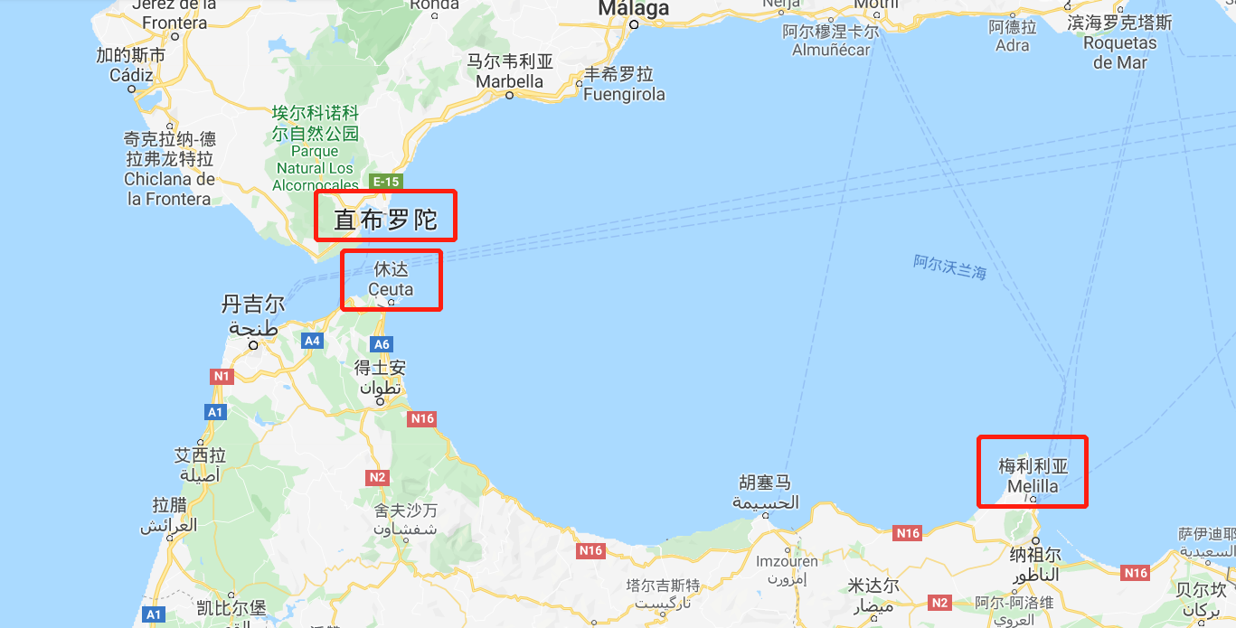 直布罗陀,休达和梅利利亚,来源:google地图像直布罗陀和休达这样的"