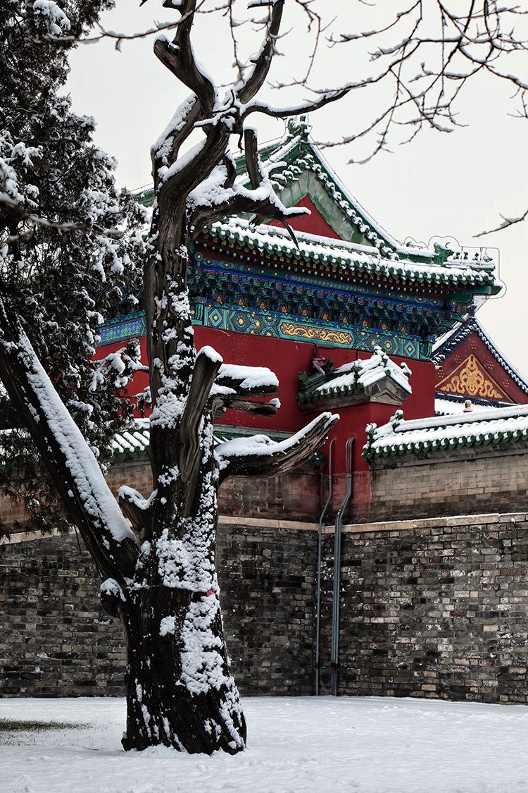 白雪皑皑里透着红墙绿瓦。