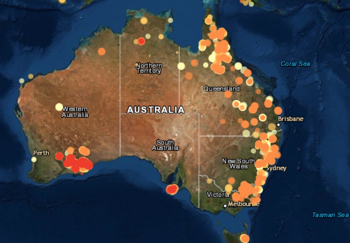 测绘系统使用卫星传感器准确地检测产生高水平红外辐射的区域（称为热点）。图/澳大利亚地球科学局网站1月8日截图
