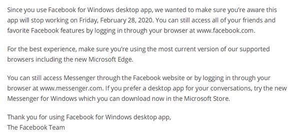 Windows版的Facebook桌面应用将会在2月28日正式停用