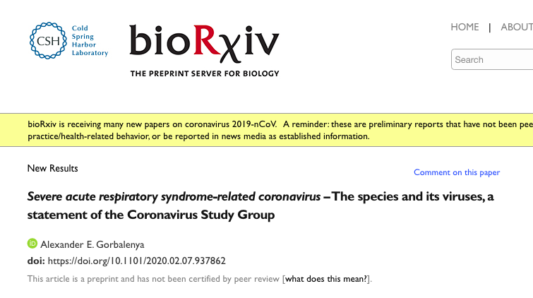 国际病毒分类委员会在bioRxiv上发布声明。bioRxiv网站截图