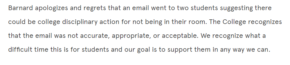 　△ 2 月 9 日，巴纳德学院在官网上发布公开邮件，正式为先前发给被隔离学生邮件中的不恰当用词道歉。图片来源 | 巴纳德学院官网
