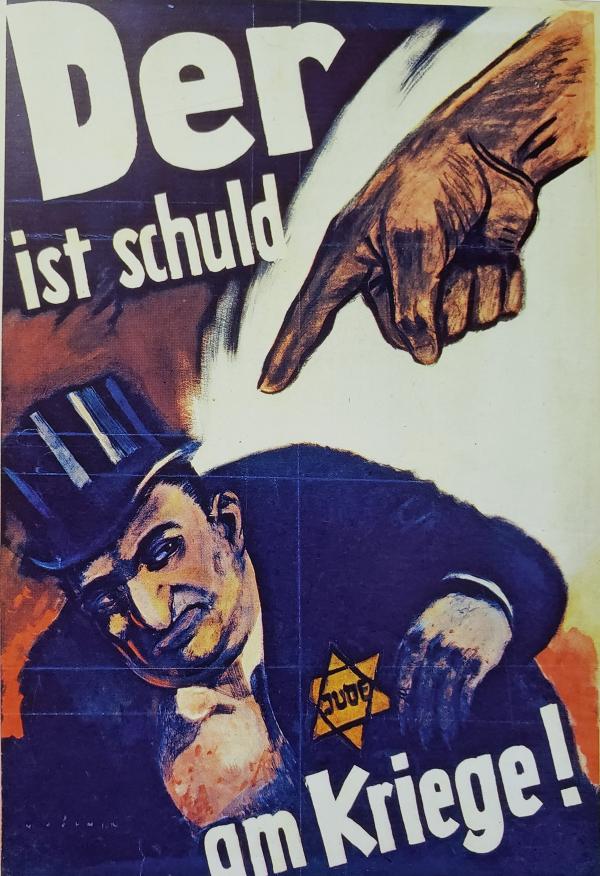 纳粹反犹宣传画《"犹太人:战争煽动者,战争延长者》最后看看赫夫在