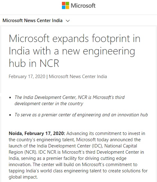 微软将在印度建立新的工程中心 IDC NCR还将安置Mixer团队